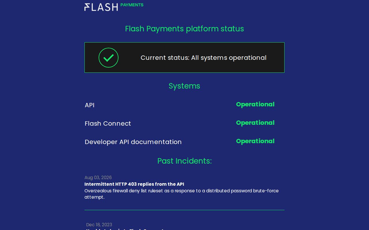 Flash Payments Status Page